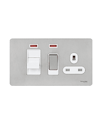 schneider ultimate screwless flat plate cooker control unit 45a & switched socket 13a stainless steel with white interior #gu4401wss