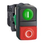 SCHNEIDER HARMONY PLASTIC DOUBLE HEADED PUSH BUTTON COMPLETE 22MM 1NO 1NC 1 GREEN FLUSH MARKED I & 1 RED PROJECTING MARKED O #XB5AL73415
